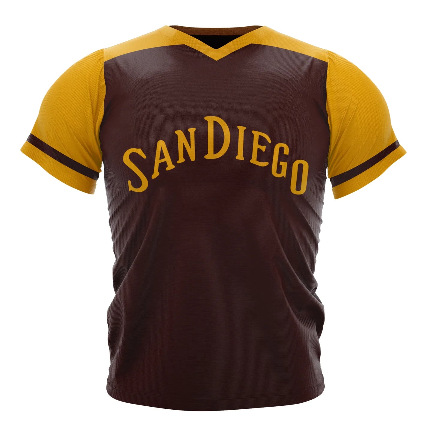 San Diego baseball jersey. Brown with gold shoulders and sleeves with brown trim on sleeves. San Diego in gold across chest Royal Retros