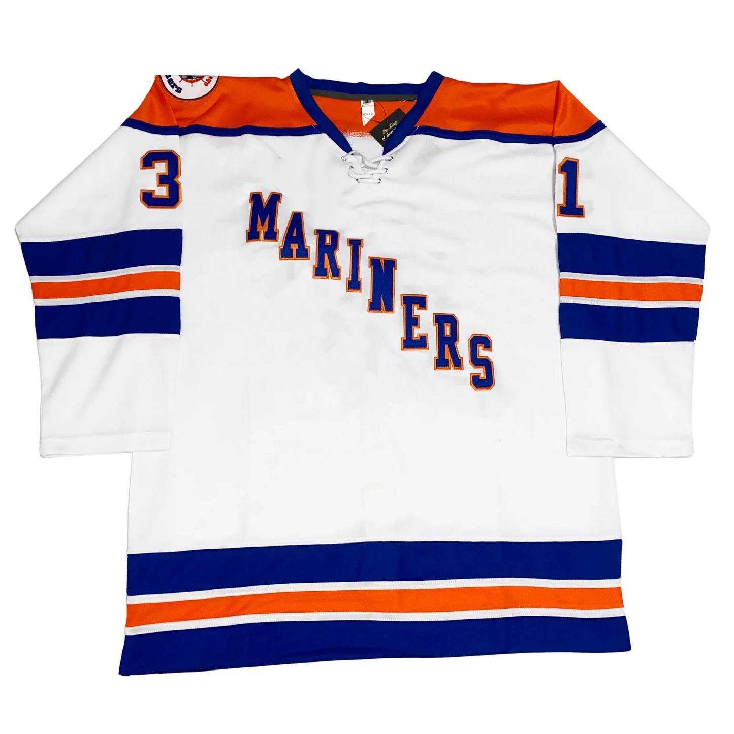 San Diego Mariners hockey jersey. White. Orange shoulders with blue trim. Blue, white, orange, wjite, and blue bands mid-sleeve and around waist. Co-captain A in blue with white trim on left upper chest. MARINERS diagonal down left to right in blue with orange trim. Logo patch on right shoulder. Royal Retros
