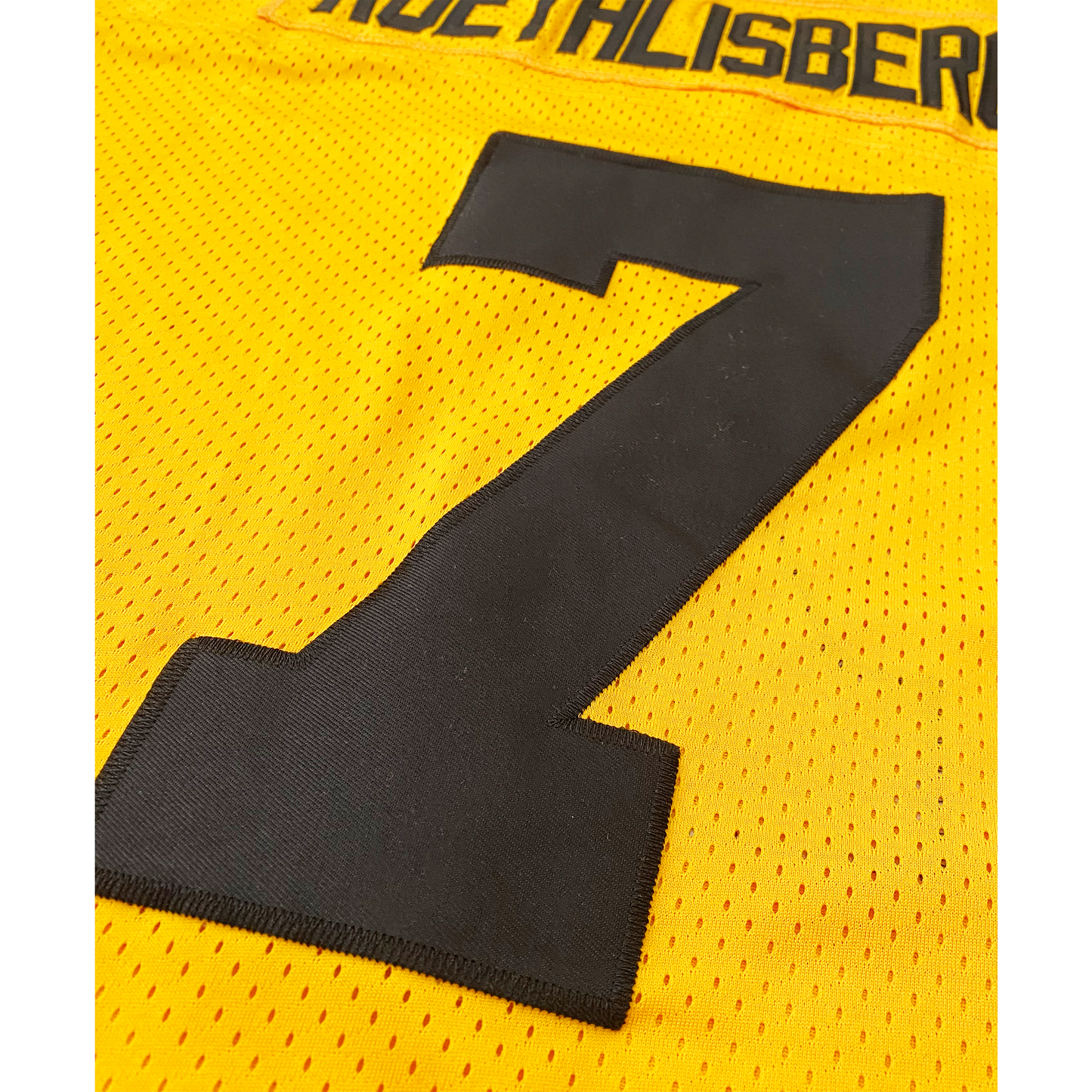 Retro Pittsburgh Steelers jersey. Gold. Black #7 on back, close-up. Royal Retros