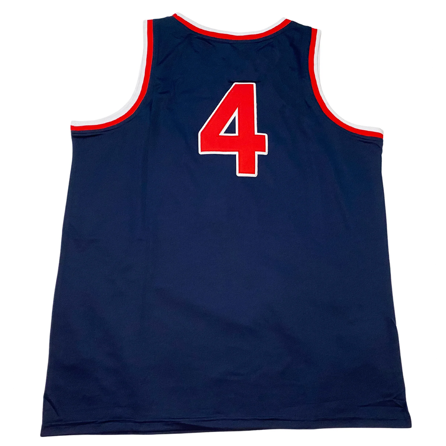 Syracuse Nationals Road jersey blue with red trim. Red #4 with white trim on back. Royal Retros