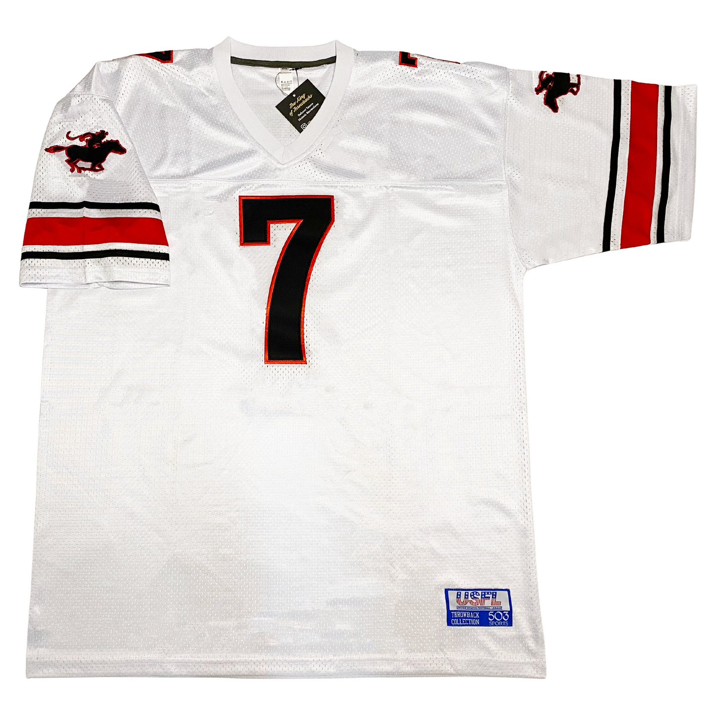 Tampa Bay Bandits USFL Jersey white. Black white, red, white black stripes above sleeve ends. Horse rider logo black with red trim on upper sleeves. Black #7 with red trim large on chest Royal Retros