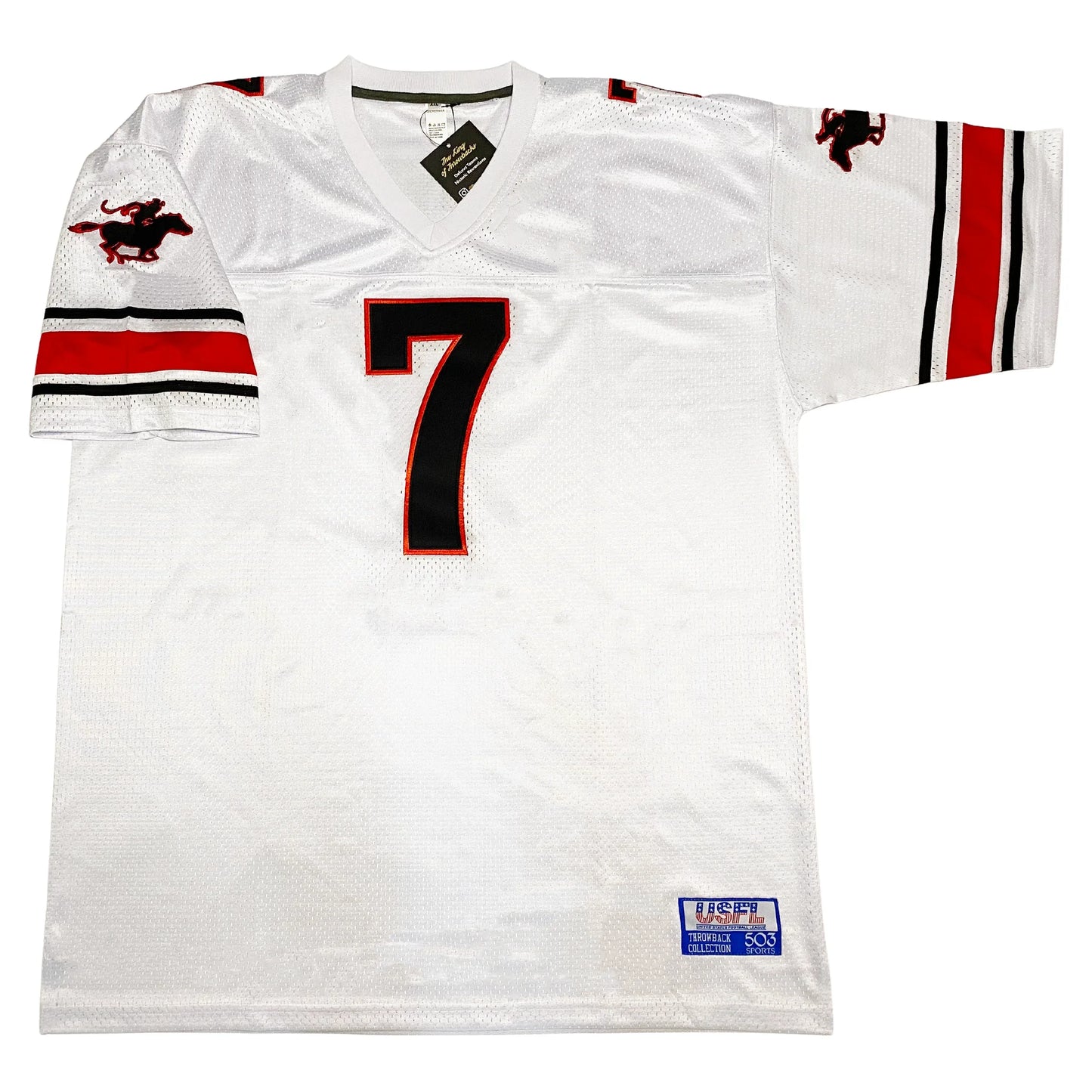 Tampa Bay Bandits USFL Jersey white. Black white, red, white black stripes above sleeve ends. Horse rider logo black with red trim on upper sleeves. Black #7 with red trim large on chest Royal Retros