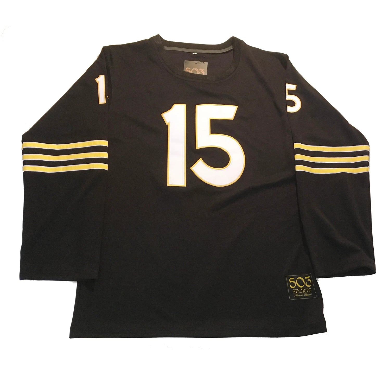 Oakland Senors Football Jersey black. Three gold bands with white trim on sleeves. #15 in whole with gold trim large on chest, small on shoulders. Royal Retros