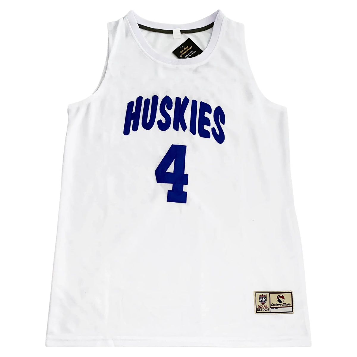 Toronto Huskies basketball jersey. White. Huskies in blue arched across chest. 4 in blue, large on chest. Royal Retros