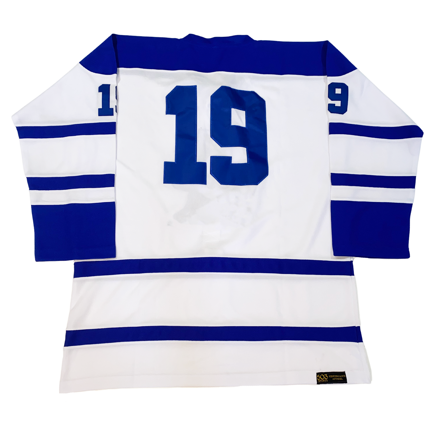White and blue vintage hockey jersey featuring number 19 for CHL Tulsa Oilers