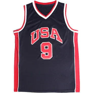 USA Basketball Jersey red with red sides with white trim. USA in red with white trim across chest. #9 in red with white trim. Royal Retros