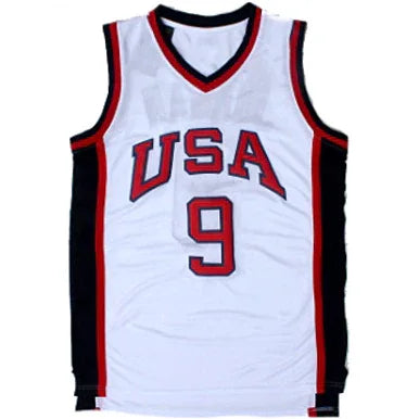 USA Basketball Jersey white with blue sides and red trim. SA across chest in red with blue trim. #9 on chest with blue trim. Royal Retros