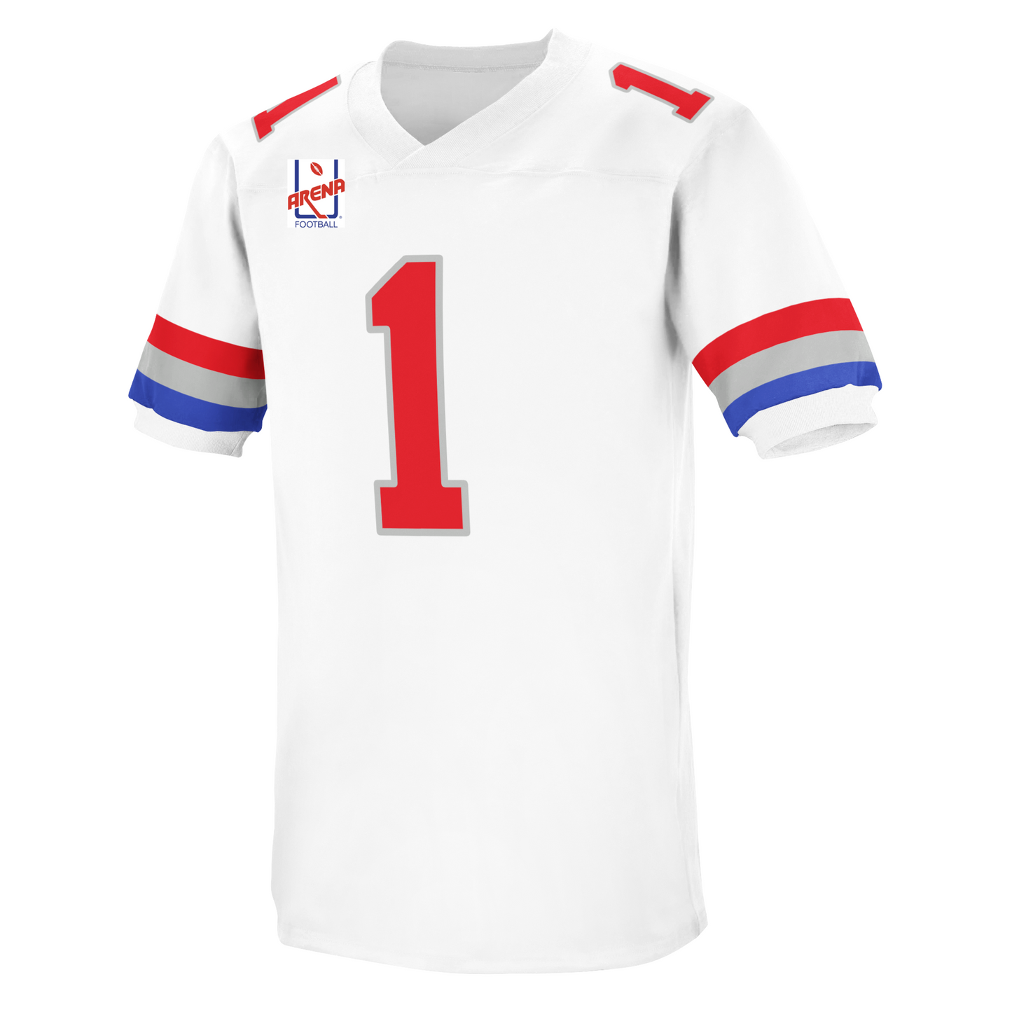 Washington Commandos AFL Jersey. White. Red, Silver, and blue bands near sleeve ends. Red #1 with silver trim, large on chest, small on shoulders. Arena league logo on upper right chest, consisting of a blue goalpost. arena in red across bottom and a football above. Royal Retros