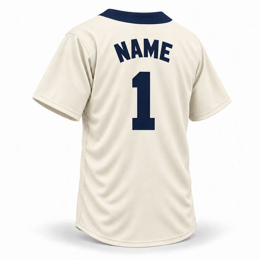 1914 Chicago American Giants NLB cream jersey back mockup, solid navy block NAME and number 1 without outlines, navy rear collar