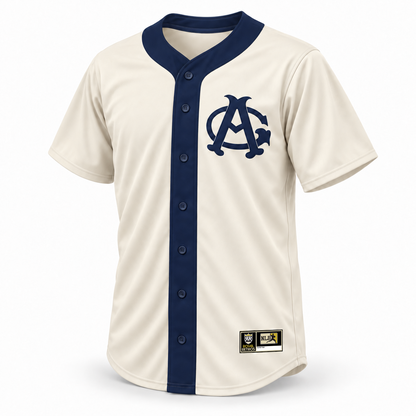 1914 Chicago American Giants NLB cream jersey front mockup, navy AG crest, solid navy placket and collar with navy inner collar band and cream interior body, original NLB jock tag
