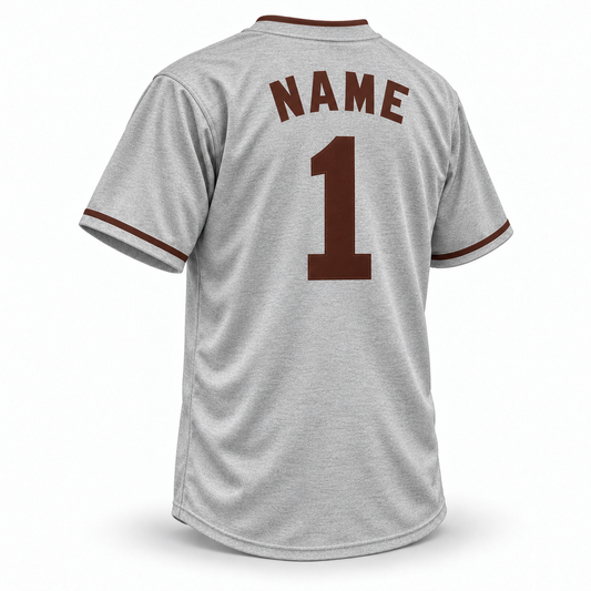 1914 St. Louis Browns gray wool-pattern baseball jersey back with brown block NAME above number 1 and brown collar and cuff trim.