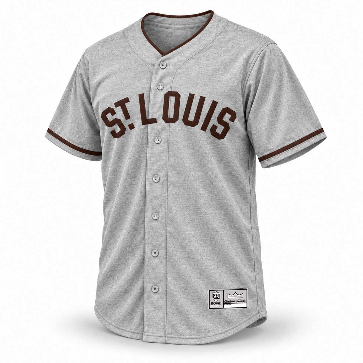 1914 St. Louis Browns gray wool-pattern baseball jersey front with brown ST. LOUIS lettering, brown collar and cuff trim, and original gray Royal Retros Custom Made tag.