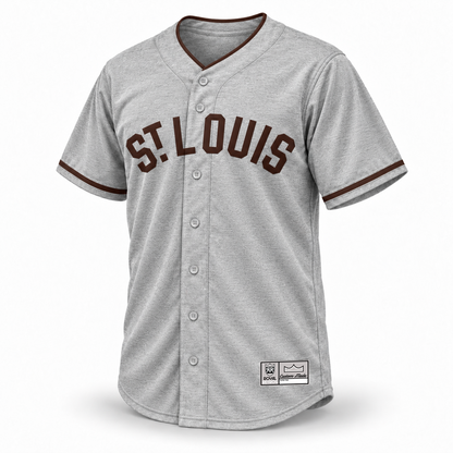 1914 St. Louis Browns gray wool-pattern baseball jersey front with brown ST. LOUIS lettering, brown collar and cuff trim, and original gray Royal Retros Custom Made tag.