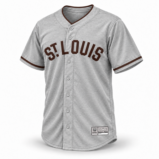 1914 St. Louis Browns gray wool-pattern baseball jersey front with brown ST. LOUIS lettering, brown collar and cuff trim, and original gray Royal Retros Custom Made tag.