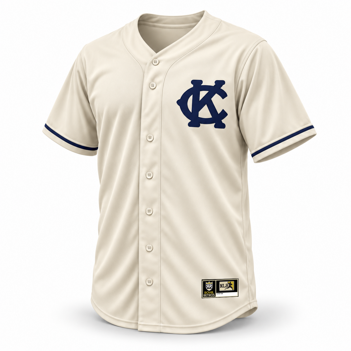 1921 Kansas City Monarchs NLB jersey cream front mockup with navy interlocking KC chest logo, single navy cuff stripes and original NLB jock tag
