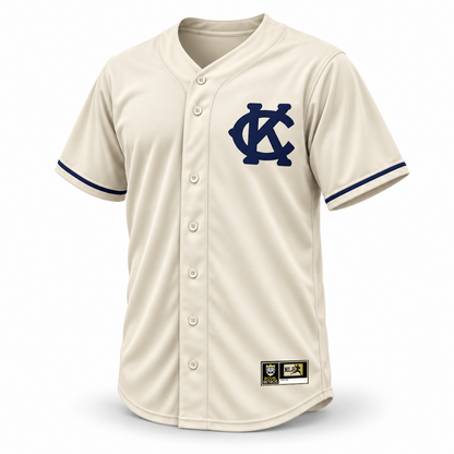 1921 Kansas City Monarchs NLB jersey cream front mockup with navy interlocking KC chest logo, single navy cuff stripes and original NLB jock tag