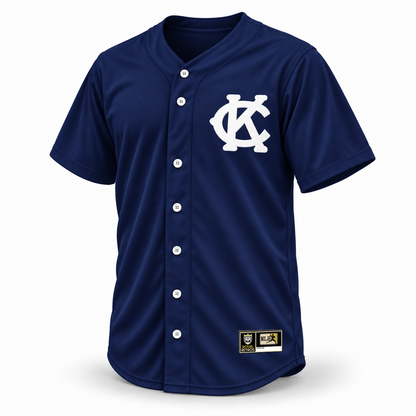 1921 Kansas City Monarchs NLB jersey navy front mockup with white interlocking KC chest logo, white buttons and original NLB jock tag