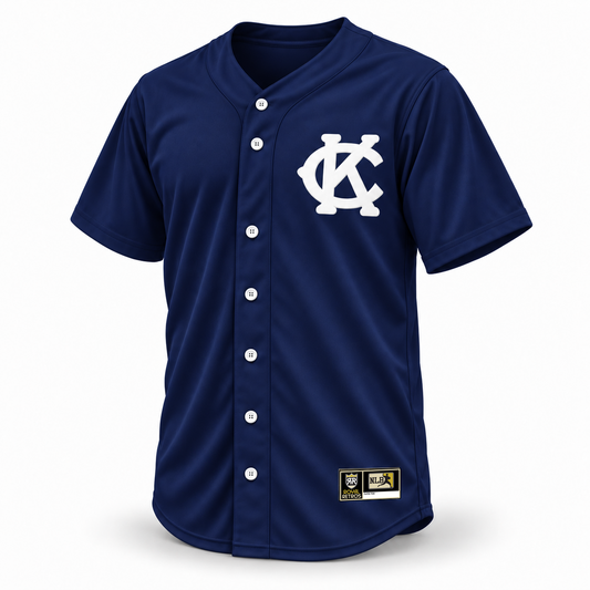 1921 Kansas City Monarchs NLB jersey navy front mockup with white interlocking KC chest logo, white buttons and original NLB jock tag