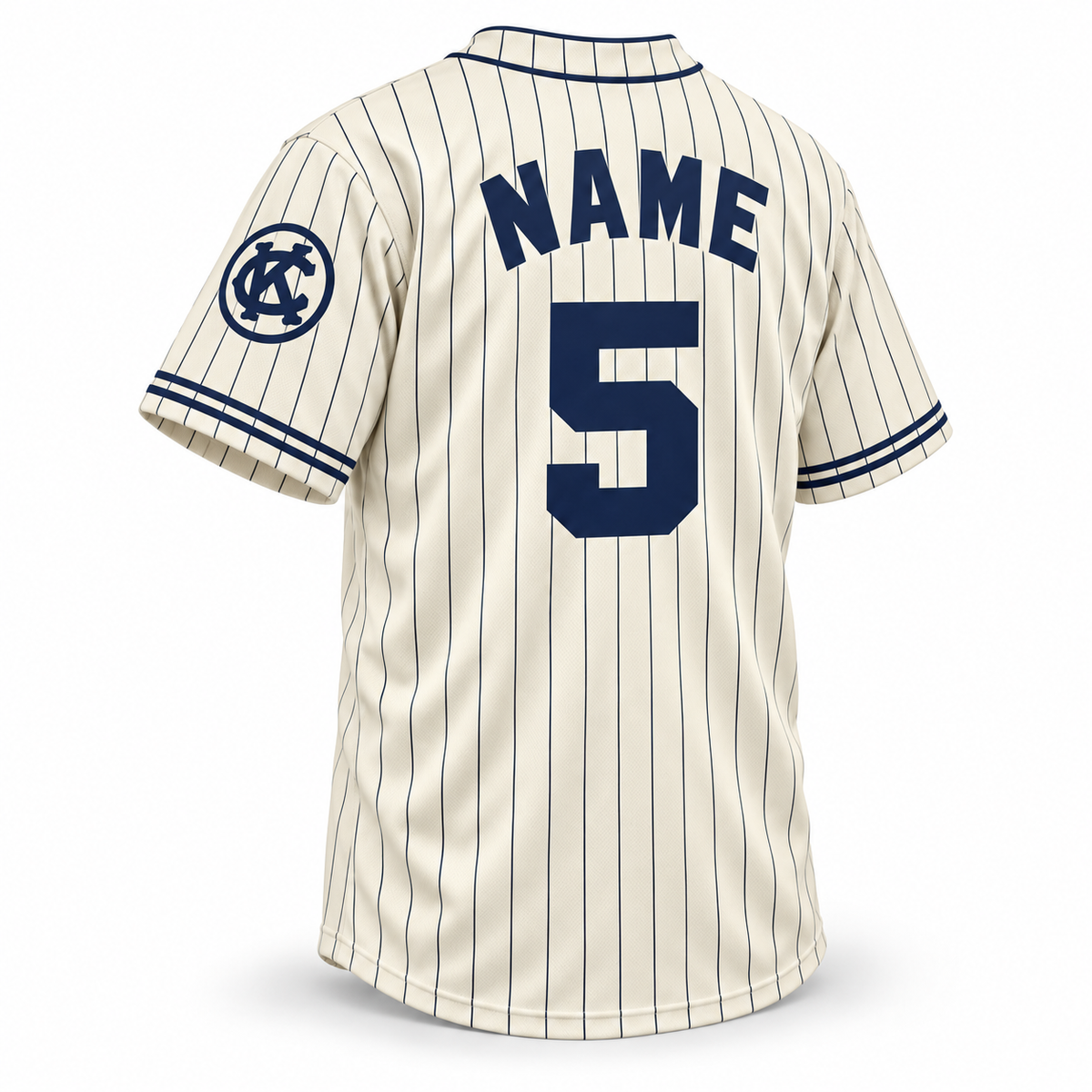 1924 Kansas City Monarchs NLB jersey cream back mockup with navy pinstripes, solid navy block NAME and number 5 and circled KC sleeve logo