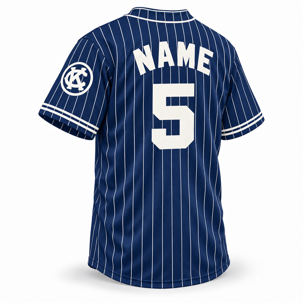 1924 Kansas City Monarchs NLB jersey navy back mockup with white pinstripes, solid white block NAME and number 5 and circled KC sleeve logo