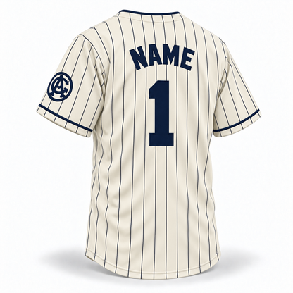 1927 Chicago American Giants NLB jersey cream back mockup with navy pinstripes and solid navy NAME and block number 1