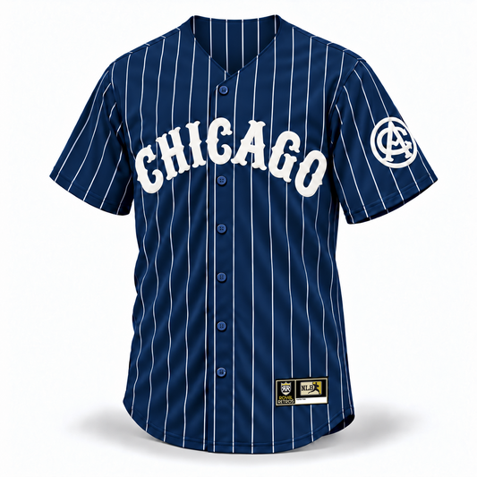1927 Chicago American Giants NLB Jersey — navy front mockup with continuous white pinstripes to the stitched neckline, white CHICAGO lettering, circled AG sleeve emblem and original NLB jock tag.