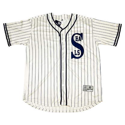 San Francisco Seals Monogram Jersey white with blue Seals and pinstripes Royal Retros