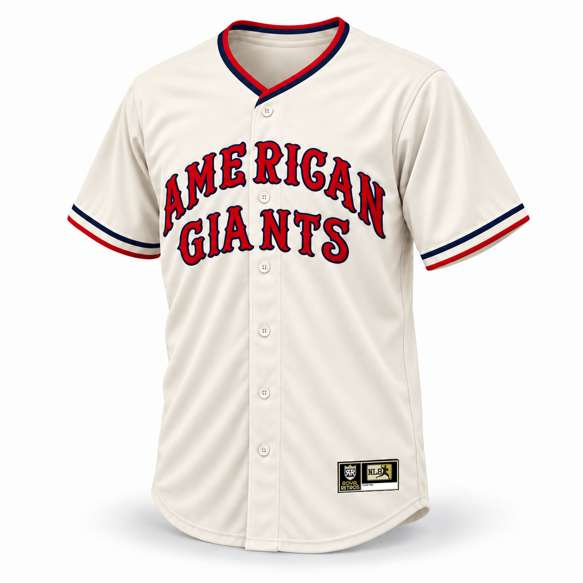 1934 Chicago American Giants NLB jersey cream front mockup with red and navy AMERICAN GIANTS lettering, red and navy collar trim and original NLB jock tag