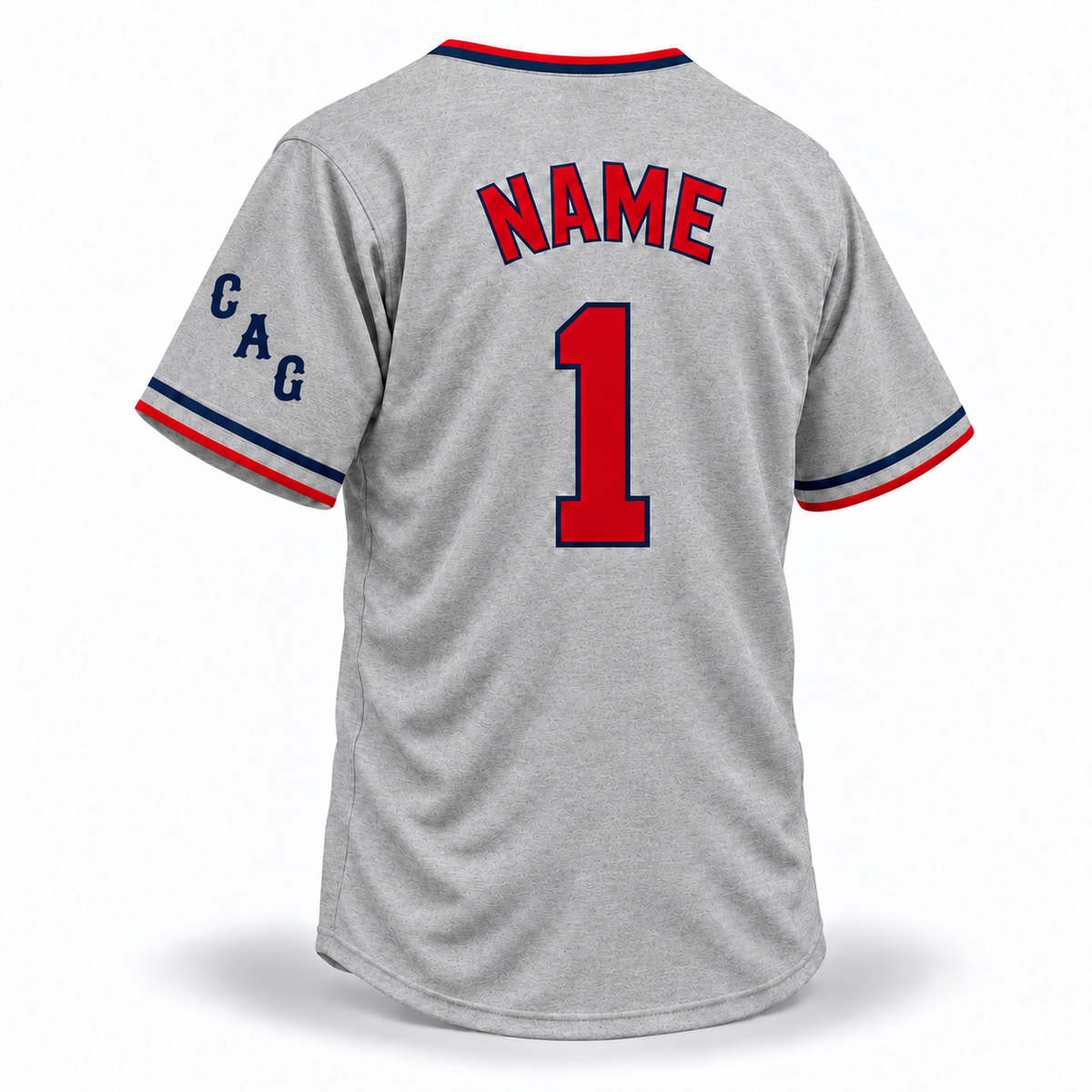 1934 Chicago American Giants NLB jersey gray back mockup with red NAME and block number 1 outlined in navy, diagonal CAG sleeve letters