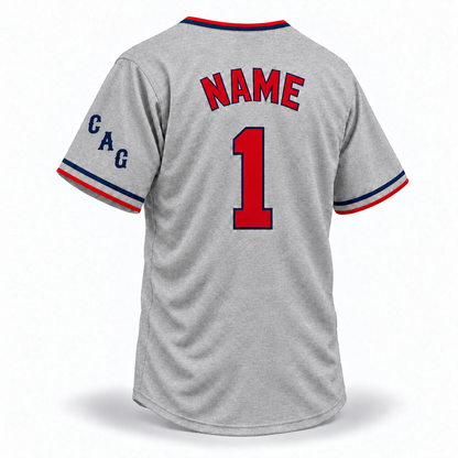 1934 Chicago American Giants NLB jersey gray back mockup with red NAME and block number 1 outlined in navy, diagonal CAG sleeve letters