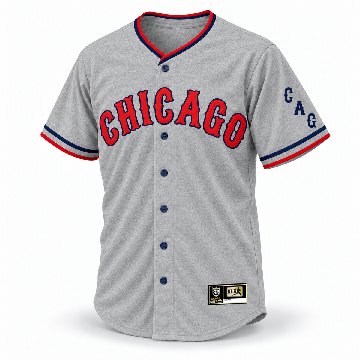1934 Chicago American Giants NLB jersey gray front mockup with red and navy CHICAGO lettering, diagonal CAG sleeve letters, navy buttons and original NLB jock tag