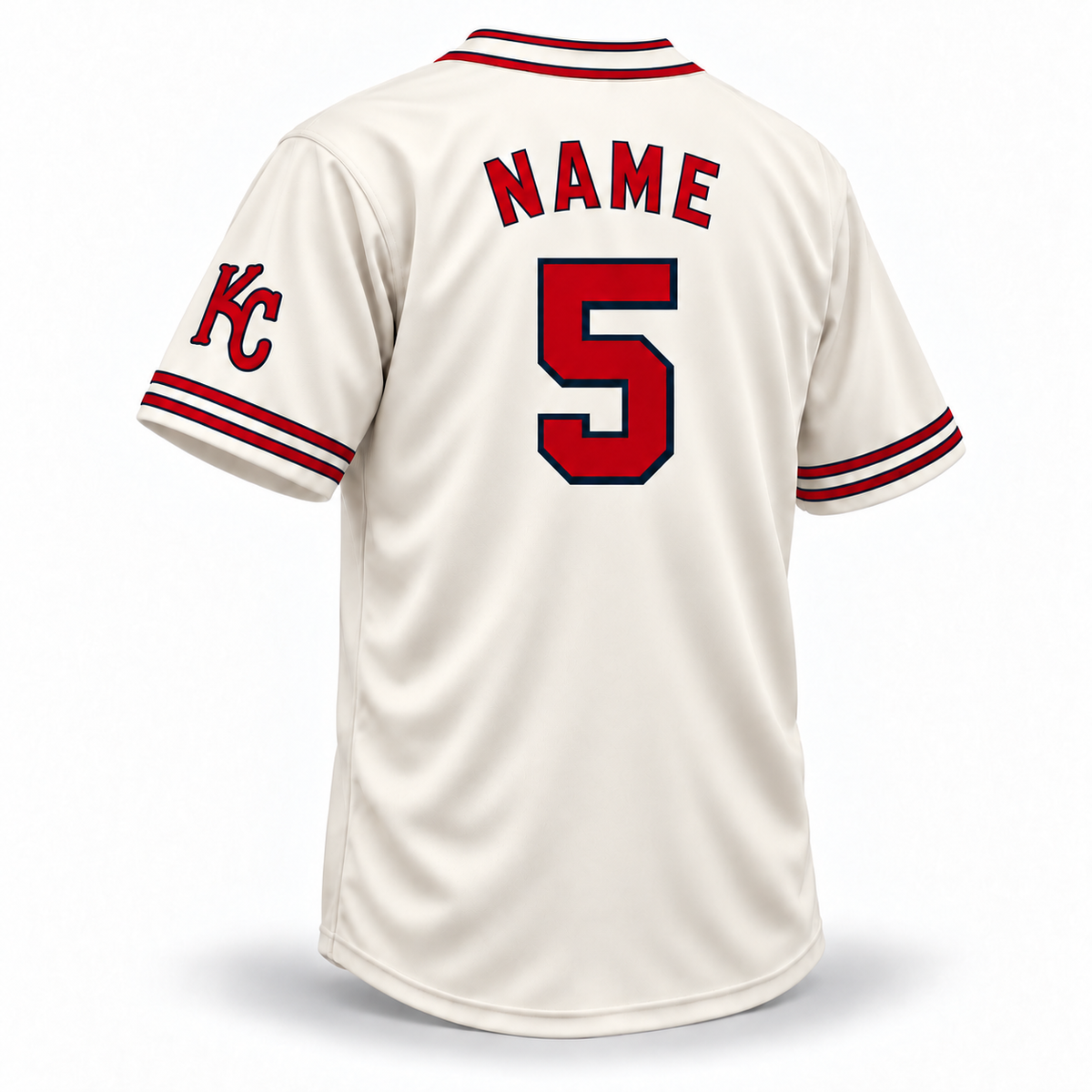 1935 Monarchs NLB Jersey cream back, red block NAME and number 5 with navy outline and double cuff trim