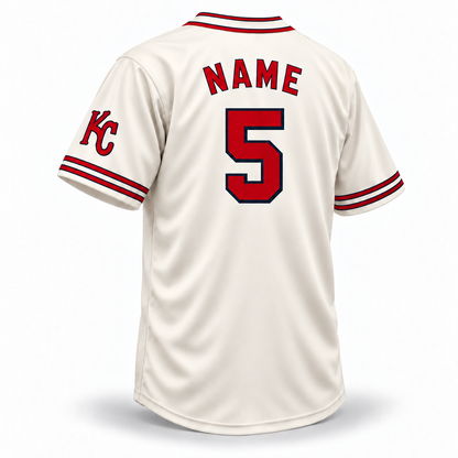 1935 Monarchs NLB Jersey cream back, red block NAME and number 5 with navy outline and double cuff trim