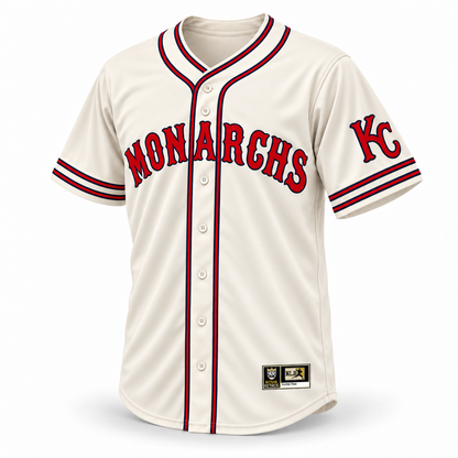 1935 Monarchs NLB Jersey cream front, red Monarchs Tuscan lettering with navy outline and KC sleeve emblem