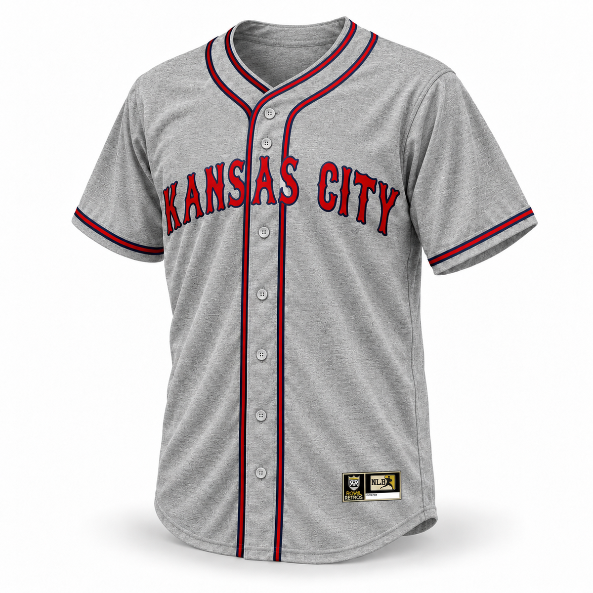 1935 Monarchs NLB Jersey gray wool front, red Kansas City Tuscan lettering with navy outline