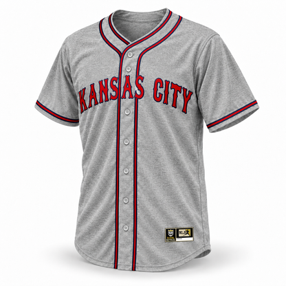 1935 Monarchs NLB Jersey gray wool front, red Kansas City Tuscan lettering with navy outline