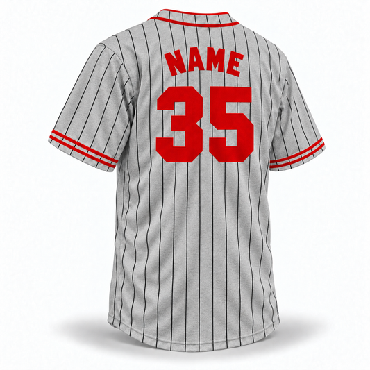 1935 Pittsburgh Crawfords NLB jersey gray wool back mockup, black pinstripes, solid red NAME and enlarged block 35 without outlines, matching double red collar and cuff trim.