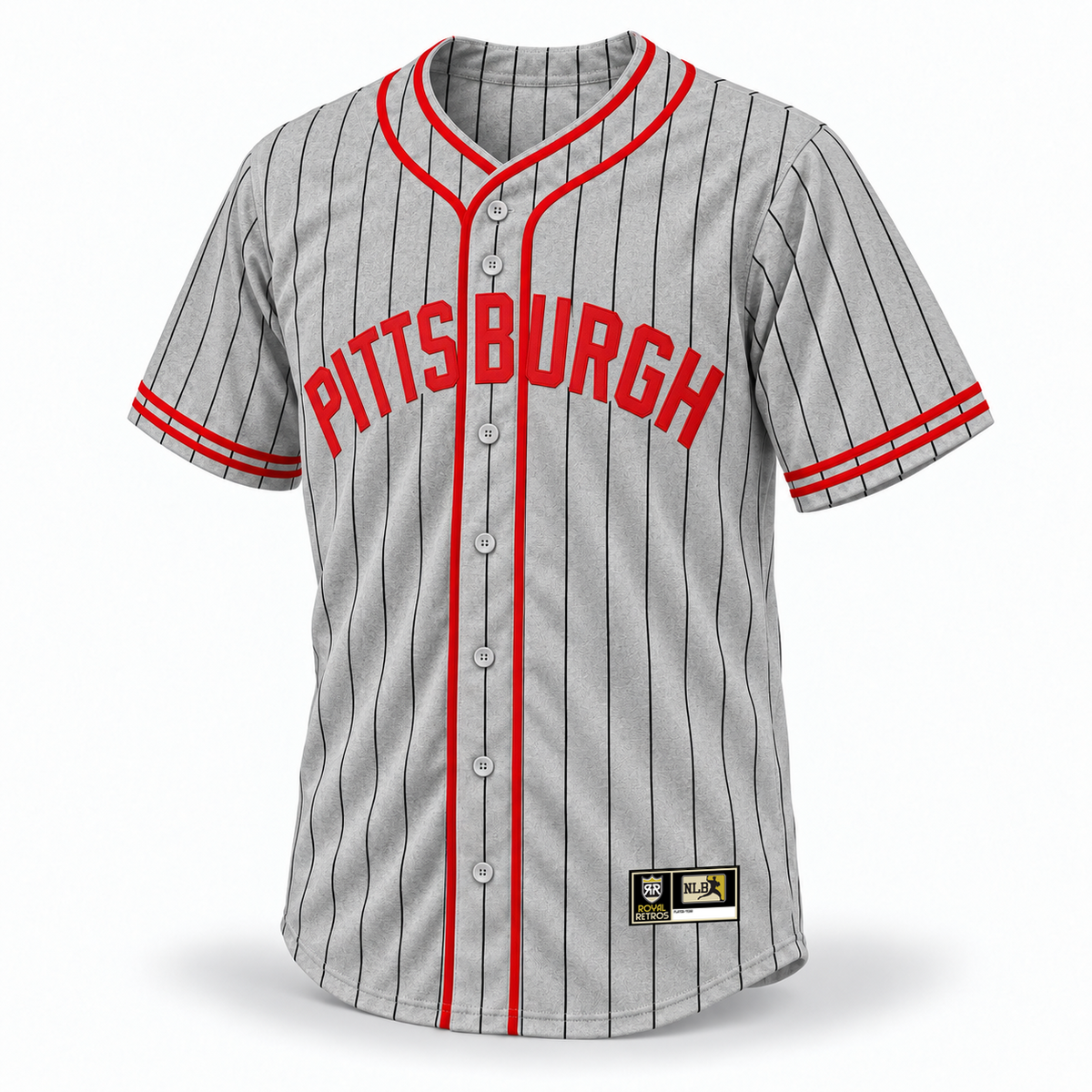 1935 Pittsburgh Crawfords NLB jersey gray wool front mockup, black pinstripes, arched red PITTSBURGH, red crossover collar piping and double cuff trim, original NLB jock tag.
