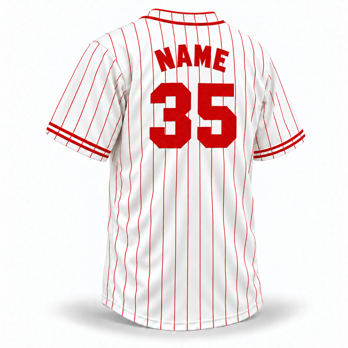 1935 Pittsburgh Crawfords NLB jersey white back mockup, red pinstripes, solid red NAME and block 35 without outlines, matching double red collar and cuff trim.
