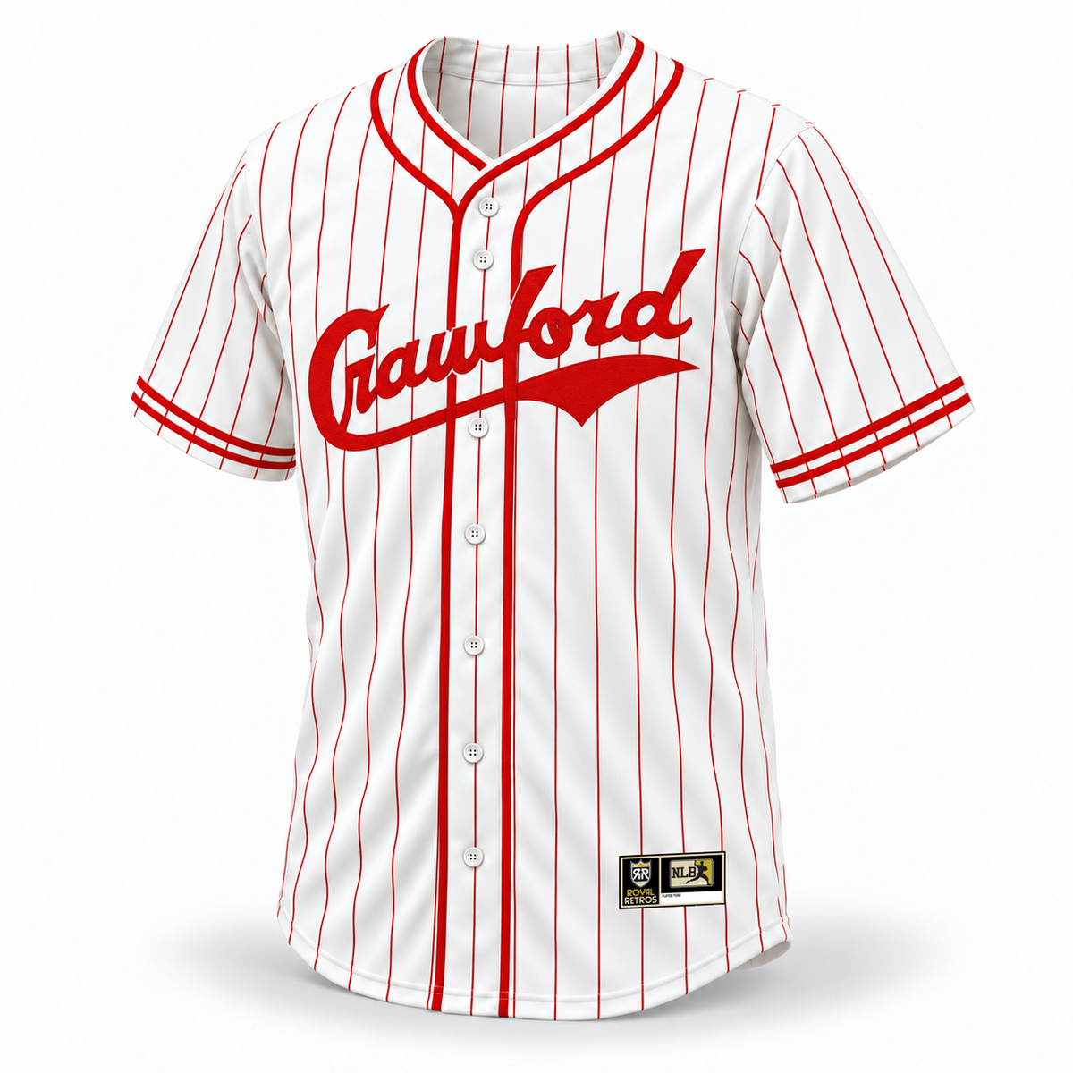 1935 Pittsburgh Crawfords NLB jersey white front mockup, red pinstripes, original red Crawford script, red crossover collar piping and double cuff trim, original NLB jock tag.