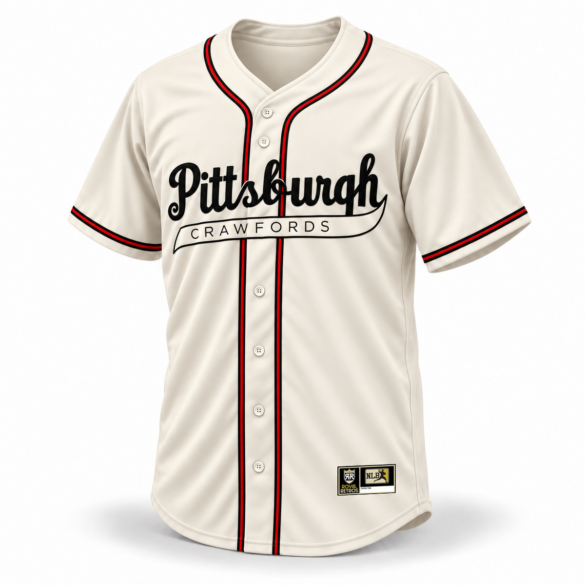 1938 Pittsburgh Crawfords NLB Jersey – cream front mockup with black Pittsburgh Crawfords logo and original NLB jock tag