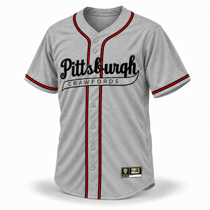 1938 Pittsburgh Crawfords NLB Jersey – gray wool front mockup with gray tackle twill Crawfords panel and original NLB jock tag