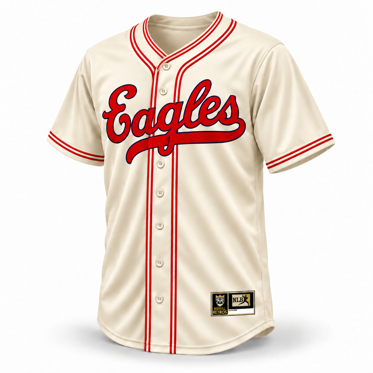 1939 Newark Eagles cream jersey front with red Eagles script, navy outline and double red piping — Royal Retros