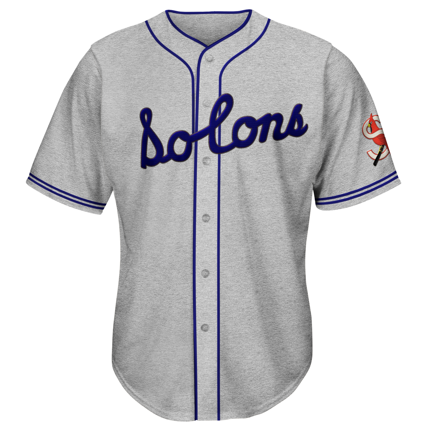1940 Sacramento Solons button-up jersey gray. Two blue stripes at sleeve ends. Blue piping around neck and down front. Solons script in blue across chest. S logo on left sleeve Royal Retros. 