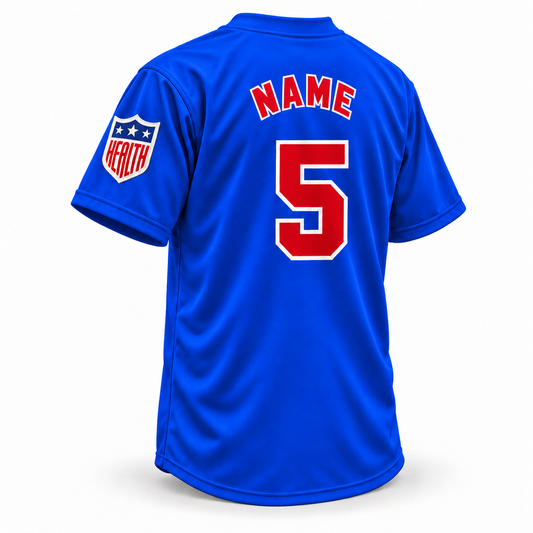 1940s Indianapolis Clowns NLB jersey, royal blue back with red NAME and block number 5 outlined in white, and HEALTH patch on the left sleeve.