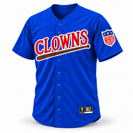 1940s Indianapolis Clowns NLB jersey, royal blue front with vintage red and white CLOWNS lettering, straight brown bat, HEALTH sleeve patch and original NLB jock tag.