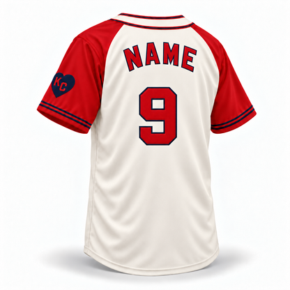 1942 Monarchs cream jersey back, red NAME and block 9 with navy outlines, revised baseball placement