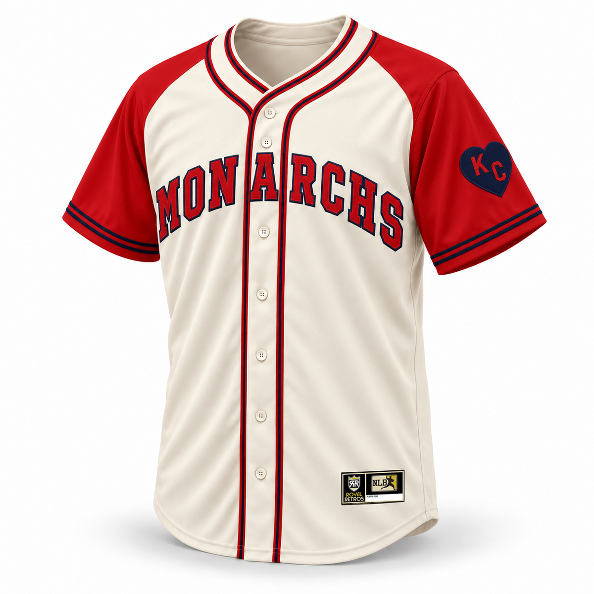 1942 Kansas City Monarchs NLB jersey cream front mockup, red raglan sleeves, red lettering with navy outline, KC heart patch and original NLB jock tag