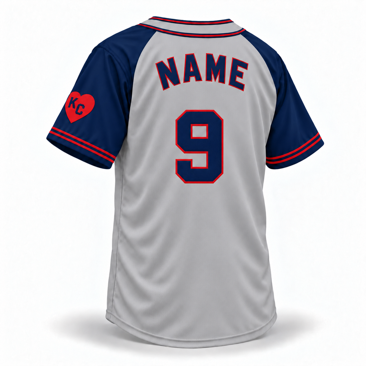 1942 Monarchs gray jersey back, navy NAME and block 9 with red outlines, revised baseball placement