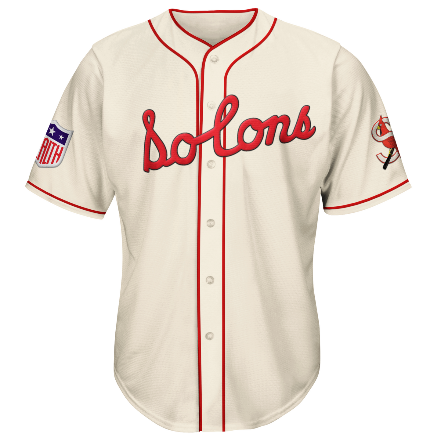 1943 Sacramento Solons button-up jersey. Red trim around sleeve ends, around neck and down front. Solons script in red across chest. Solons S logo on sleeve. Royal Retros